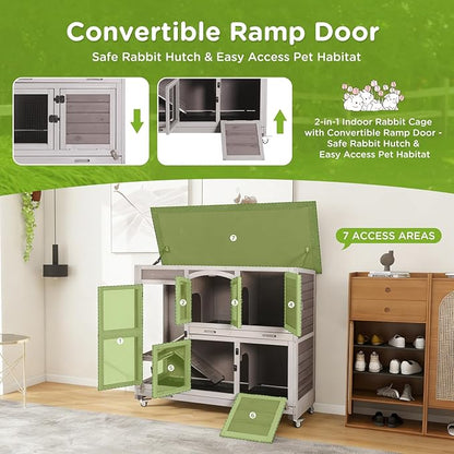 Gutinneen Large Indoor Rabbit Hutch Mobile Bunny Cage with Chew-Proof Ramp, Locking Leak-Proof Trays - Outdoor 44" Wooden Rabbit Cage with 4 Wheels for Rabbits, Guinea Pigs, Small Animals (Grey)