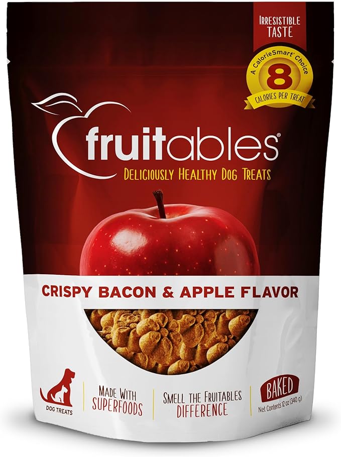 Fruitables Baked Dog Treats, Healthy Pumpkin Treat for Dogs, Low Calorie & Delicious, Free of Wheat, Corn and Soy, Made in the USA, Apple and Crispy Bacon Flavor, 12oz