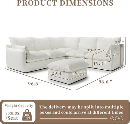 Gtilzria Cloud Sectional Couches for Living Room,High Backrest Down Filled Spill & Stain-Resistant Cloud Couch,6 Seater Oversized Modular V-Shaped Sofas,Removable Washable Cushion Covers,Cream White