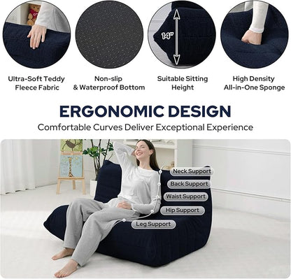 HABUTWAY Bean Bag Chairs Fireside Lazy Floor Sofa, Soft Teddy Fleece 2 Seater Sofa with High-Resilience Foam Filling，Beanbag for Living Room, Bedroom, Office (Navy Blue Teddy)