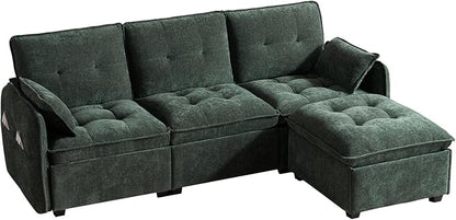 PALLOME 96" Modular L-Shaped Sofa - 3-Seat Cloud Couch with Movable Ottoman, Extra Deep Seat Sofa Couch with Throw Pillows for Living Room & Small Spaces (Green, 3-Seat + Ottoman)