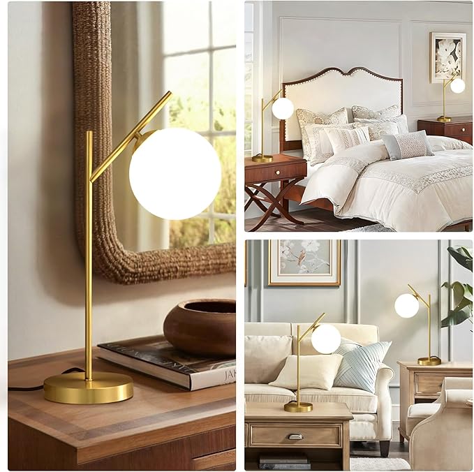 Globe Table Lamp Set of 2, Brass Glass Globe Desk Lamp with Milky White Glass Shade, Contemporary Metal Bedside lamp for Bedroom Living Room Study Room