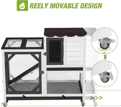 Gutinneen 2-Story Rabbit Hutch Bunny cage with Chew-Proof Ramp, Locking Leak-Proof Trays - Indoor/Outdoor 39.3" Wooden Rabbit Cage with Wheels for Rabbits, Guinea Pigs, Small Animal (Black and White)