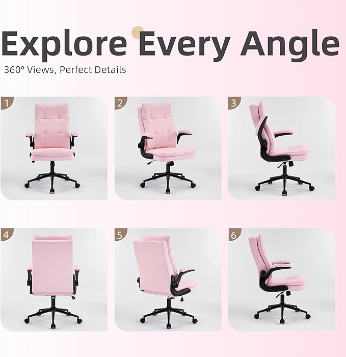 VINGLI Comfy Pink Leather Office Desk Chair,High-Back Ergonomic Computer Small Gaming Chair with/No Wheels,Adjustable Height,Flip-Up Arms,360° Swivel for Vanity,Home Office,Adults,Teen,Girls&Women