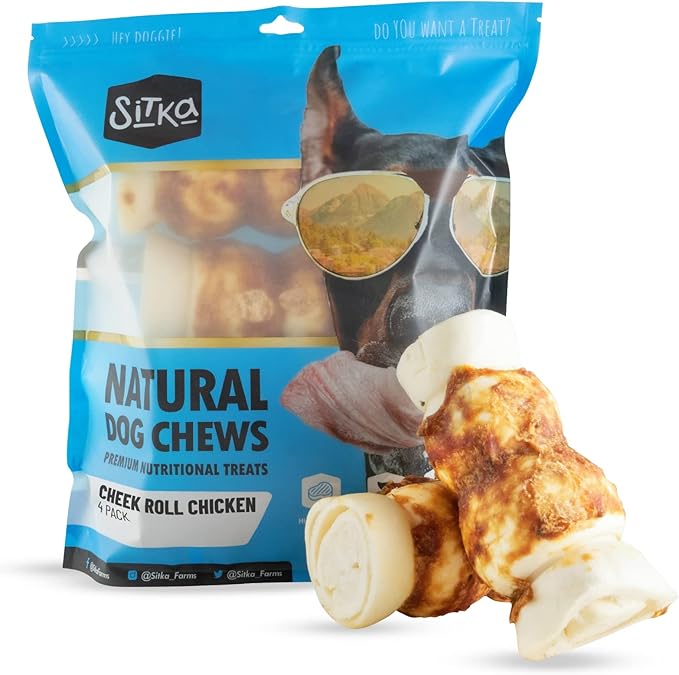 Sitka Farms Beef Cheek ROLL Chicken 5-6 Inch (4 Count) Extra Thick Dog Chew Bones No Rawhide Sourced from Free Range Grass Fed/Healthy Teeth and Gums for Small Medium and Large Dogs