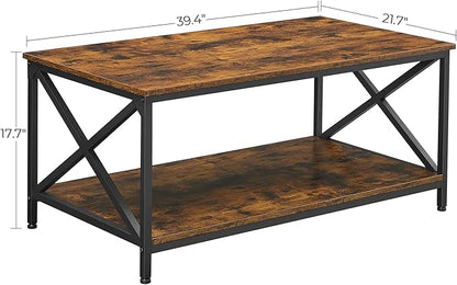 VASAGLE Coffee Table, Cocktail Table with Storage Shelf and X-Shape Steel Frame, Industrial Farmhouse Style, 39.4 x 21.7 x 17.7 Inches, Rustic Brown and Black ULCT200B01V1