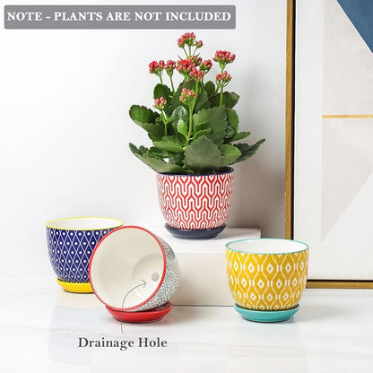 Selamica Ceramic Plant Pots, 4.6 Inch Flower Pots for Indoor Plants, Succulent Pots with Drainage Hole & Saucer, Succulent Planters for Succulent Cactus, Home Decor, Set of 4, Assorted Colors