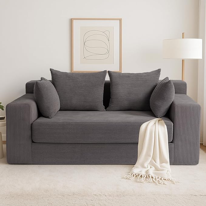Convertible Sofa Bed, 3 in 1 Loveseat Folding Couch Bed Foldable - Boneless Couch & Floor Futon Sleeper, Corduroy Pull Out Sofa Bed with 4 Pillows for Living Room, Grey