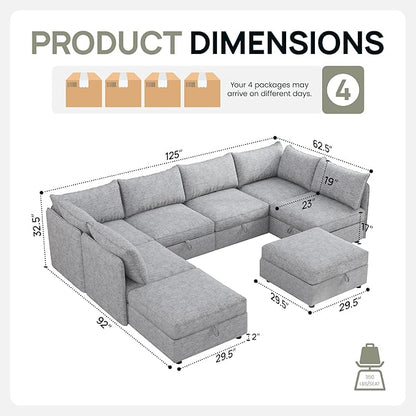 Oversized Modular 8 Seater Sofa with Removable Covers and Storage, Convertible U, L-Shaped and Sleeper Sectional, Modern Sectional Couch with Ottoman Chaise for Living Room, Bedroom, Apartment, Gray
