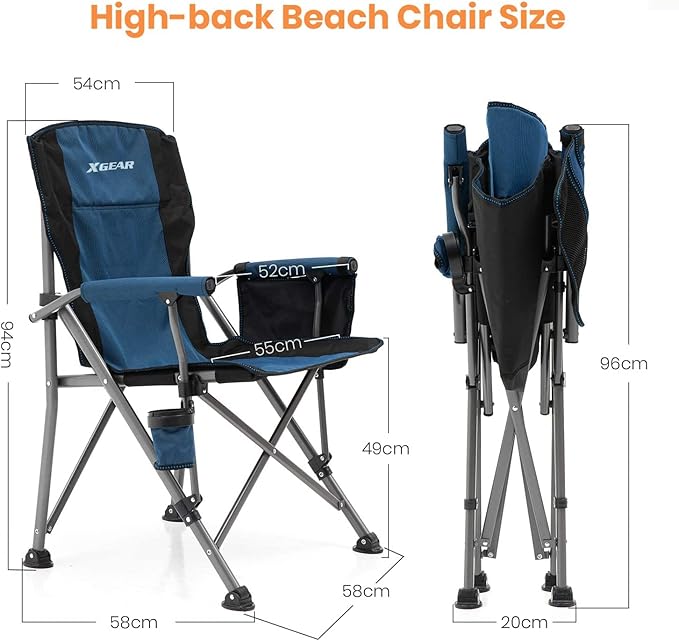 XGEAR Camping Chair Hard Arm High Back Lawn Chair Heavy Duty with Cup Holder, for Camp, Fishing, Hiking, Outdoor, Carry Bag Included