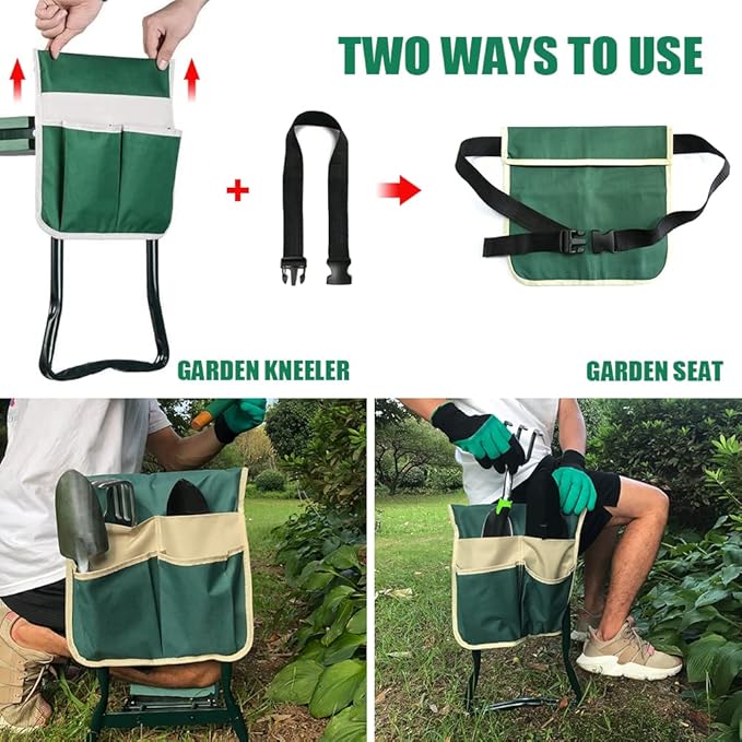 BDL Garden Kneeler and Seat, Upgraded Folding Bench Stool Portable Kneeler, Sturdy Gardening Tools with 2 Free Tool Pouch, Detachable Belt, A Pair of Garden Gloves, EVA Kneeling Pad
