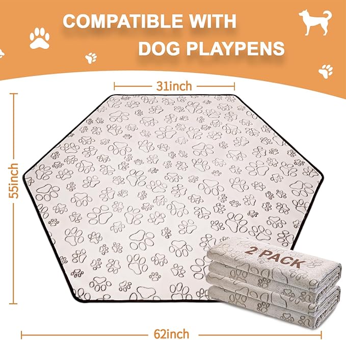 Qeils Reusable Puppy Pads, 2 Pack Washable Pee Pads for Dogs, Specifically Designed for 6 Panels for Dog Playpen Waterproof Non Slip Wee Wee pad, Absorbent & Leakproof Mats for Kennel, Floor 55"x 62"
