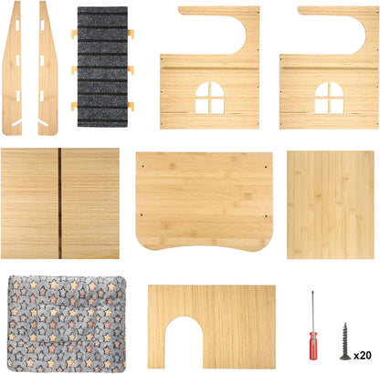 Upgraded Thickened Board Wooden Guinea Pig Castle Hideout - Spacious & Long-Lasting Small Pet Mansion with Stairs & Mat for Guinea Pigs, Chinchillas, Rats, Hamsters, and Bunnies