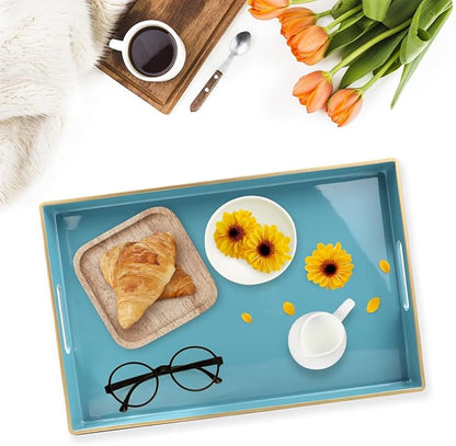 Teal Blue Decorative Coffee Table Tray, Rectangular Plastic Serving Tray with Handles for Living Room, Ottoman, Bathroom, 15.7"*10.2"