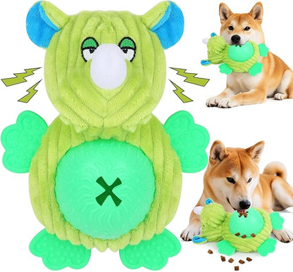 Interactive Dog Toys, Plush Dog Toy with Treat Dispensing Ball, Squeaky Dog Toy with Cute Plastic Paws for Playing,Slow Eat Hiding Food Enrichment Toy for Small & Medium Breeds(Green)