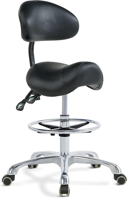 Grace&Grace Ergonomic Rolling Saddle Stool Chair with Wheels Adjustable Swivel Stool with Back and Footrest Heavy Duty for Esthetician, Artist, Dental, Medical, Spa, Salon, Cutting, Home Office