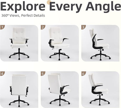 VINGLI Comfy White Leather Office Desk Chair, High-Back Support Ergonomic Computer Task Gaming Chair,with Removable wheels,360° Swivel,Adjustable Height,Flip-Up Arms,for Adults,Teen,Vanity,Home Office
