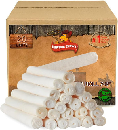 Cowdog Chews Beefhide Roll (7-8 inch) Long Lasting Dog Treat Bone, Great for Dental Health and Aggressive Chewers (20 Count)