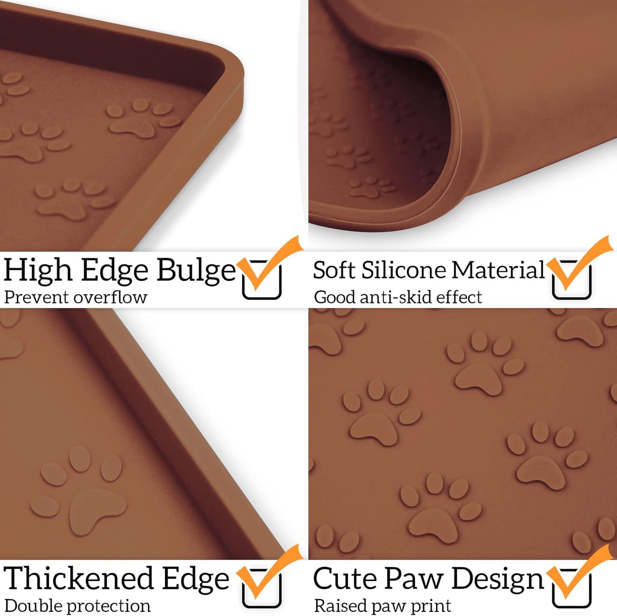 Ptlom Pet Placemat for Dog and Cat, Waterproof Silicone Pet Feeding Bowl Mats for Food and Water, Small Medium Large Dogs Mat Prevent Residues from Spilling to Floor, Brown, 18" 12"