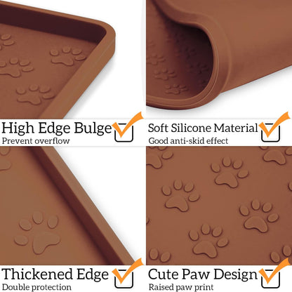 Ptlom Pet Placemat for Dog and Cat, Waterproof Silicone Pet Feeding Bowl Mats for Food and Water, Small Medium Large Dogs Mat Prevent Residues from Spilling to Floor, Brown, 18" 12"