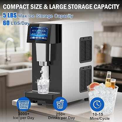 Nugget Ice Maker Countertop, 60 LBS/Day, 5LBS Ice Bin, Water Dispenser