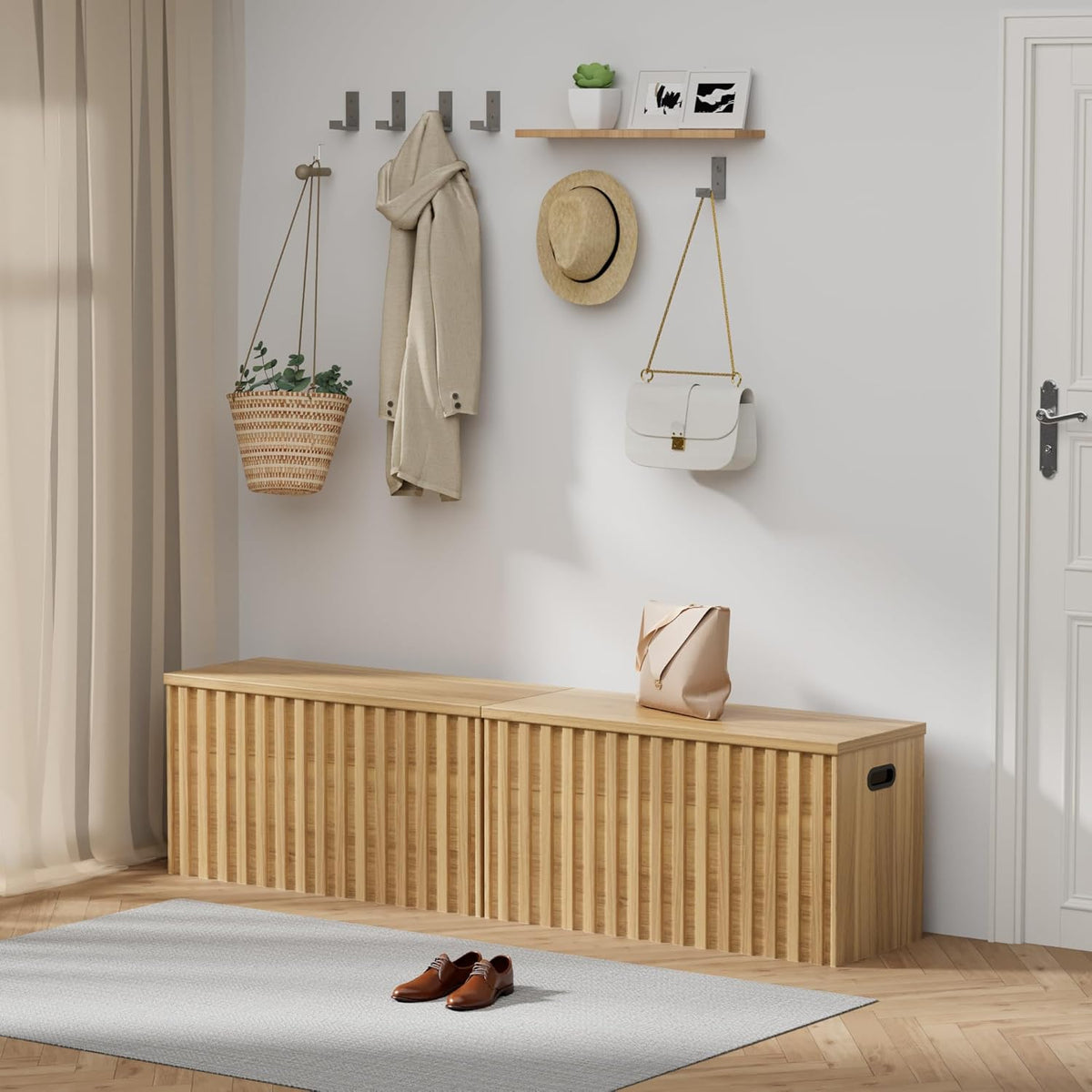 UEV Storage Bench Set of 2, 39.4" Wood Box, Storage Trunk with 2 Safety Hinges, Ottoman Storage Chest Set of 2, Fluted Storage Bench for Bedroom, Shoe Bench for Bedroom, Living Room (Natural Wood)