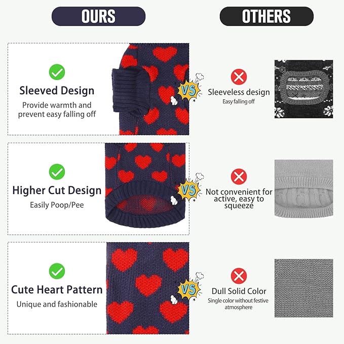 KOOLTAIL Cat Sweater Turtleneck- Soft Knit Sweaters for Cats Only, Christmas Red Heart Love Pattern Thick Warm Cold Weather Clothes for Small Medium Large Size Kitten Puppy Navy L