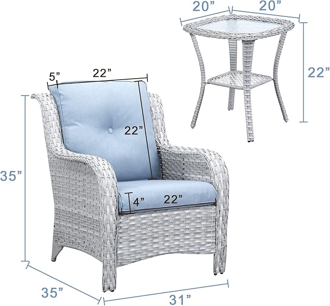 Rilyson Patio Bistro Set Wicker Chairs - 3 Piece Outdoor Rattan Conversation Set with 2 Armrest Chair and 1 Side Table for Proch Deck Garden Backyard Balcony(Light Grey/Sky Blue)