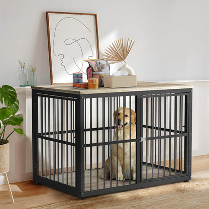 43'' Dog Crate Furniture with 3 Doors, XL Wooden Crate End Table, Heavy Duty Indoor Puppy Cage Kennel for Medium to Large Dogs, Multiple Units Can be Combined