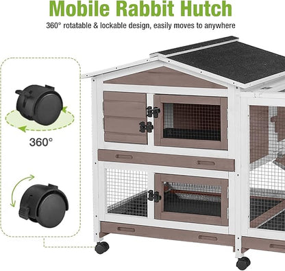 Rabbit Hutch Indoor Outdoor, 62" Wooden Rabbit Cage with 6 Lockable Wheels, Bunny Cage with Pull Out Trays, Waterproof Asphalt Roof, Small Animal House for Rabbits, Guinea Pigs, Chinchillas