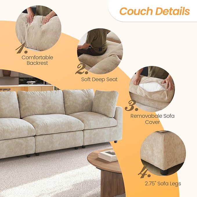 JACH 67" Love Seat Sectional Couches for Living Room, Deep Seat Modular Sofa, Cloud Sectional Couch, Sofa Covers Washable, Minimalist Modern Couch for Living Room, Apartment, Khaki
