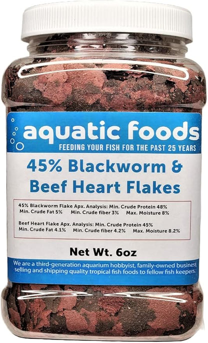 Aquatic Foods Inc. 45% Blackworm Flake & Beef Heart Flake Mix for Discus, Cichlids, All Tropical Fish. Aquatic Foods Premium Flakes…6oz Med Jar