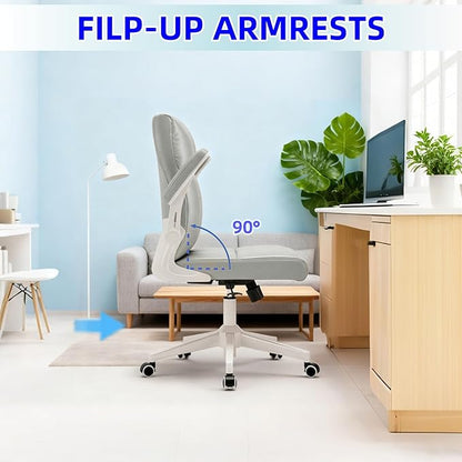 Ergonomic Home Office Desk Chair with Space Saving Flip-Up Arms, 360° Swivel & Reclining Back, Executive Chair in Soft Faux Leather Chair Multi-Angle from 90° to 135° with 450LBS Capacity（Gray）