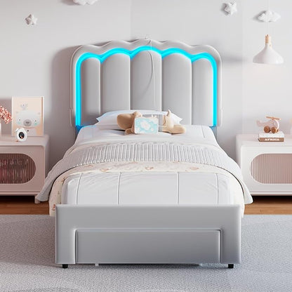 Twin Upholstered LED Bed Frame with Storage Drawer and Adjustable Chic Double Wavy Headboard, Velvet Princess Platform Bed for Girls/Kids, Solid Wood Slats Support, No Box Spring Needed, Grey