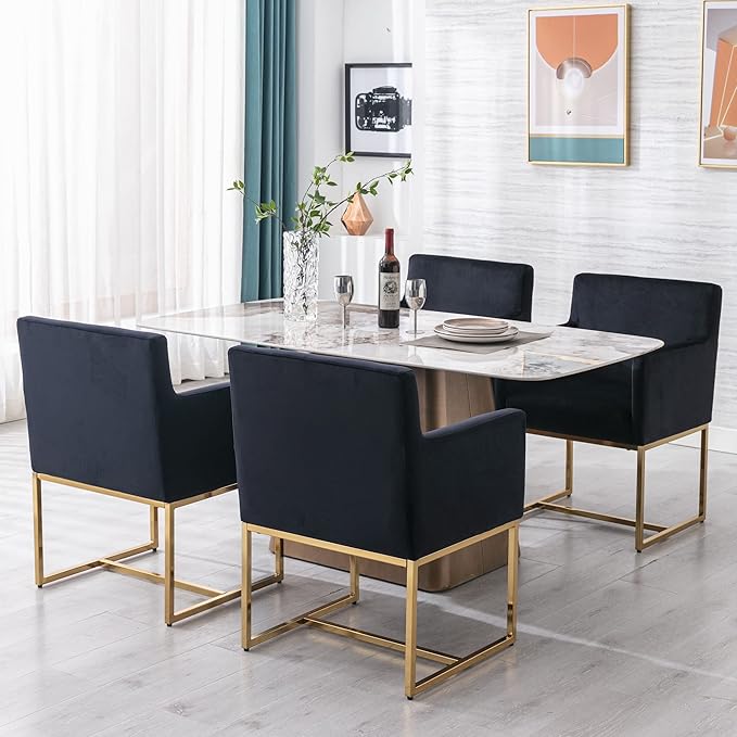 BESTANO Set of 6 Upholstered Velvet Dining Chairs with Armrest, Mid Century Modern Accent Armchairs, Modern Kitchen & Dining Room Chairs with Gold Frame, Black