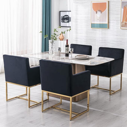 BESTANO Set of 6 Upholstered Velvet Dining Chairs with Armrest, Mid Century Modern Accent Armchairs, Modern Kitchen & Dining Room Chairs with Gold Frame, Black