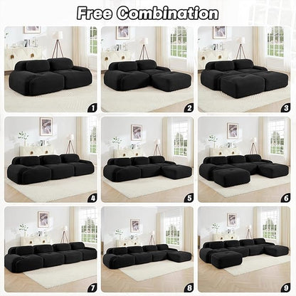 116" Modern Compressed Boneless Couch with Ottoman, 3 Seater Large L Shaped Sectional Couches for Living Room, Black Corduroy Cloud Modular Sectional Sofa, Memory Foam, Extra Deep, No Assembly