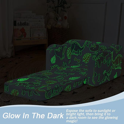 MeMoreCool Toddler Chair – Convertible Glowing Dinosaur Flip-Out Kids Sofa | 1–3 Years | Soft Foam Couch for Playroom, Reading & Relaxing | Fold-Out Lounge Seat with Washable Cover