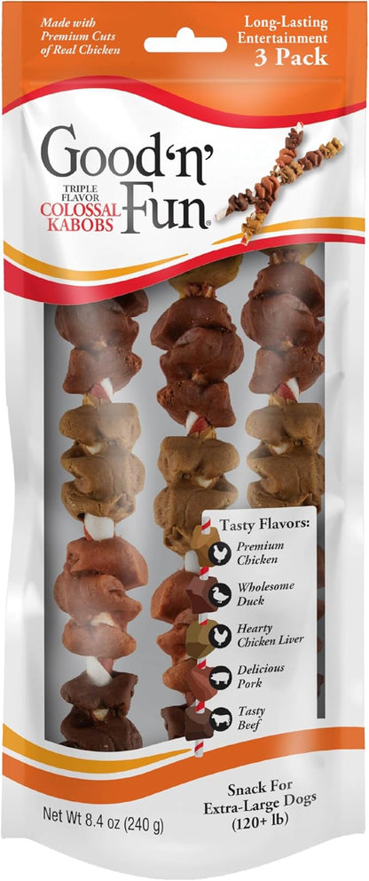Good 'n' Fun Triple Flavor Colossal Kabobs, 3 Count, Treat Extra-Large Dogs to Long-Lasting Rawhide Chews
