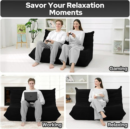 HABUTWAY Bean Bag Chairs Fireside Lazy Floor Sofa, Soft Teddy Fleece 2 Seater Sofa with High-Resilience Foam Filling，Beanbag for Living Room, Bedroom, Office (Black Teddy)