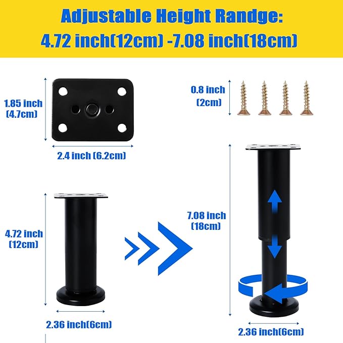 Olldag 4PCS Adjustable Furniture Couch Cabinet Legs 4.72-7.48 Inch [with 18 PCS Screws], Heavy Duty Adjustable Height Replacement Legs for Dresser/Sofa/Bed/Chair, Legs for Furniture Set of 4 (Black)
