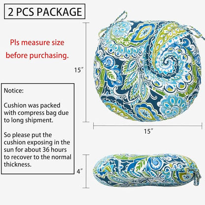 Magpie Fabrics Outdoor Round Bistro Seat Cushions with Ties, 15"x15"x4" Set of 2, Tufted Waterproof Barstool Chair Pads for Patio Home Garden Office, Paisley Lapis Green