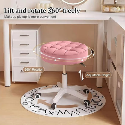 JPBSTO Small Rolling Stool with Wheels, PU Leather Height Adjustable Vanity Work Task Stool, 360 Swivel, Padded Seat Cushion, for Salon, Home, Office