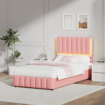 Twin Upholstered Bed Frame with LED Lights, Faux Leather Platform Bed with Headboard and Wooden Slats Support, No Box Spring Needed, Noise-Free, Easy Assembly, Pink