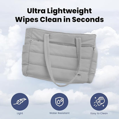 Puffer Dog Travel Bag for Dog Moms, Diaper Bag with Travel Bowls | 2 BPA-Free Collapsible Bowls, 2 Pet Food Containers, 9 Pockets, Everyday Puffer Bag Works With or Without Your Dog, Grey