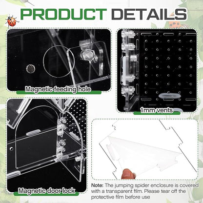 Weysat Jumping Spider Enclosure 7.5" x 3.15" x 5.3" Acrylic Tarantula Enclosure Castle Style Insect Terrarium with Magnetic Door Transparent Terrarium for Reptiles, Amphibians and Spiders
