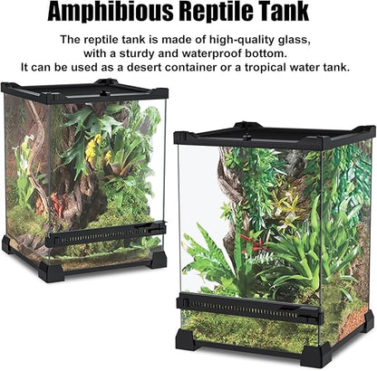 Reptile Terrarium 8"x8"x12" Mini, Front-Opening Glass Tank with Mesh Lid & Lock, 360° Glass Enclosure for Small Reptiles, Frogs, Tarantulas, Jumping Spiders & Geckos