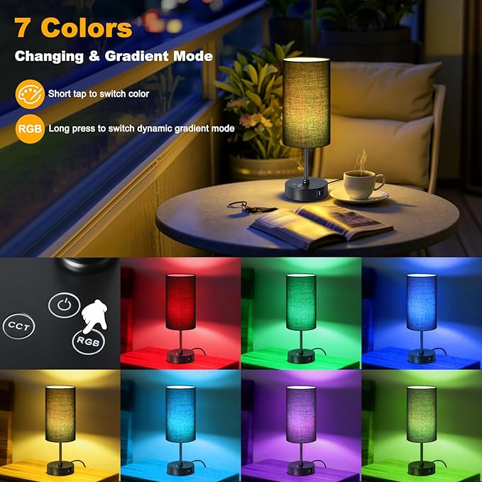 Unicozin Small Table Lamp,3 CCT 3000K/4500K/6500K & RGB Color Changing,Stepless Dimmable Touch Control Bedside Lamp for Reading,Ambience Nightstand Light for Home Decor Party,Black Shade