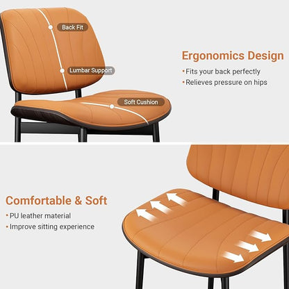 YaFiti Dining Chairs Set of 2, Mid Century Modern Dining Room and Kitchen Chairs, Upholstered PU Leather Chairs with Walnut Bentwood and Metal Legs, Orange