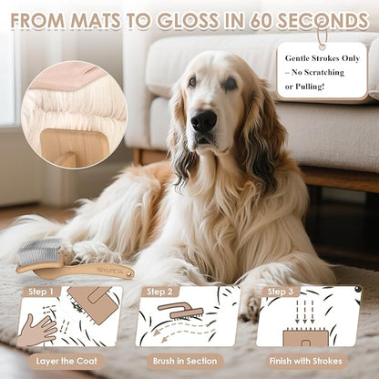 Large Dog Slicker Brush & Comb Set with Leather Sleeves - Long Pin Deshedding Brush for Golden Retrievers, Poodles, Doodles & Thick Coats, Wood Handle Pet Grooming Kit for Dogs, Cats. Natural